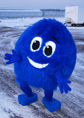 blue  fur ball mascot costume Archie the reading bug.