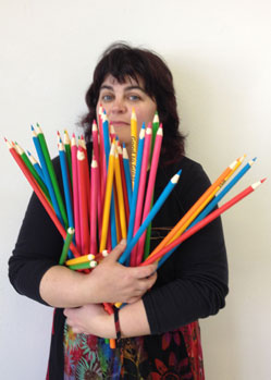 large pencils prop Bev Shalts
