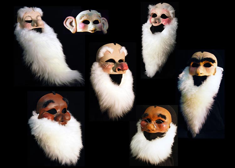 seven dwarf masks Snow White dwarves pantomime costumes Sleepy, Sneezy, Grumpy and Doc Bashful, Dopey Happy.