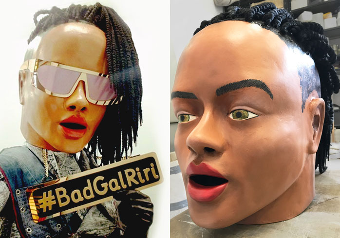 giant big head mask paper mache Rihanna made by Tentacle Studio